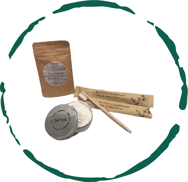 Toothpowder Bundle featuring a reusable case, refill, and bamboo toothbrush, promoting eco-friendly oral care.