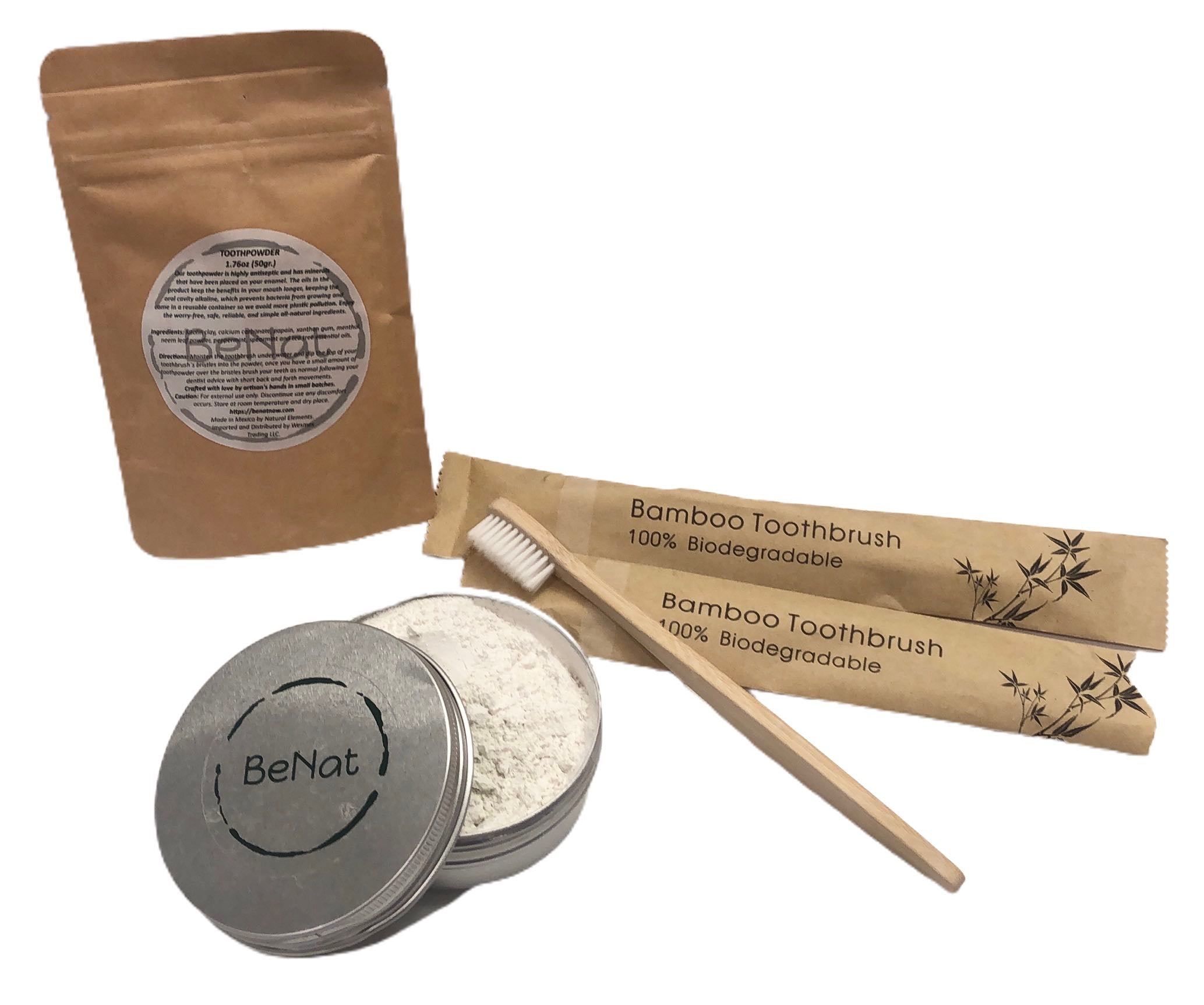 Toothpowder Bundle featuring a reusable case, refill, and bamboo toothbrush, promoting eco-friendly oral care.