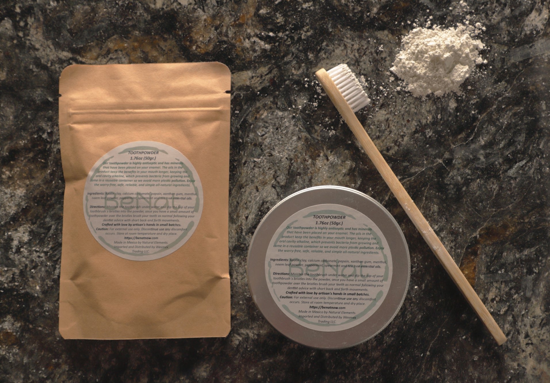 Toothpowder Bundle featuring a reusable case, refill, and bamboo toothbrush, promoting eco-friendly oral care.