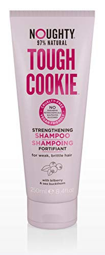 Noughty Tough Cookie Strengthening Shampoo bottle with a sleek design, showcasing its natural ingredients and eco-friendly branding.