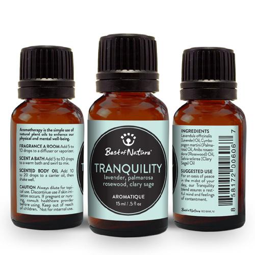 Tranquility Aromatique essential oil blend featuring Lavender, Palmarosa, Rosewood, and Clary Sage in a glass bottle.