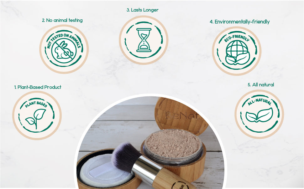 Translucent Loose Powder in a bamboo container with a sifter and powder puff, showcasing its eco-friendly design and natural ingredients.