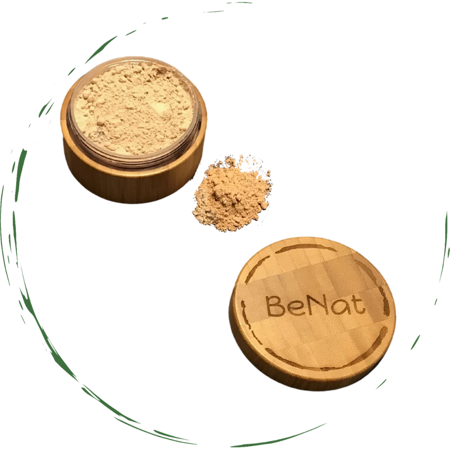 Translucent Loose Powder in a bamboo container with a sifter and powder puff, showcasing its eco-friendly design and natural ingredients.