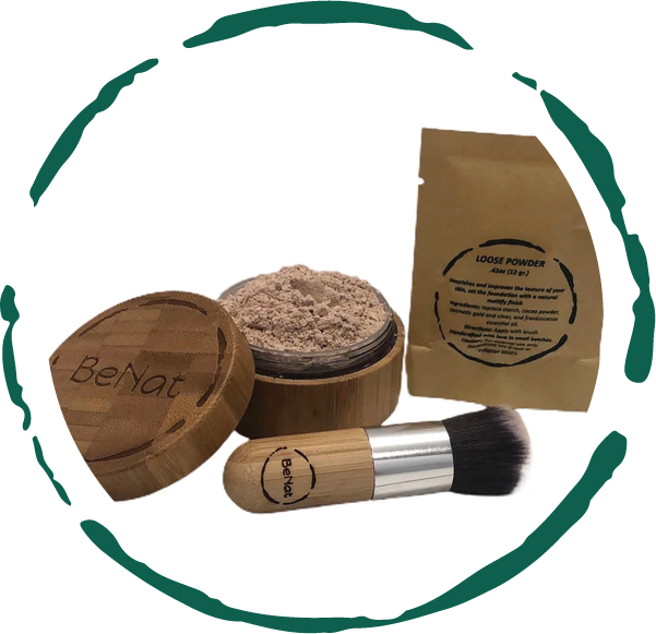 Translucent Loose Powder Set featuring a bamboo case, refill bag, and kabuki brush, showcasing eco-friendly beauty products.