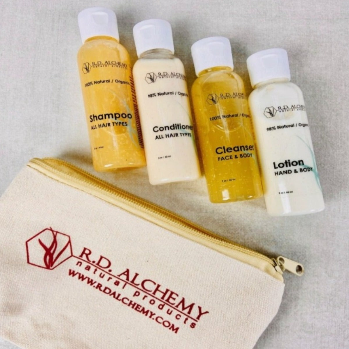 Travel Set featuring shampoo, conditioner, cleanser, and lotion in compact, TSA-approved containers.