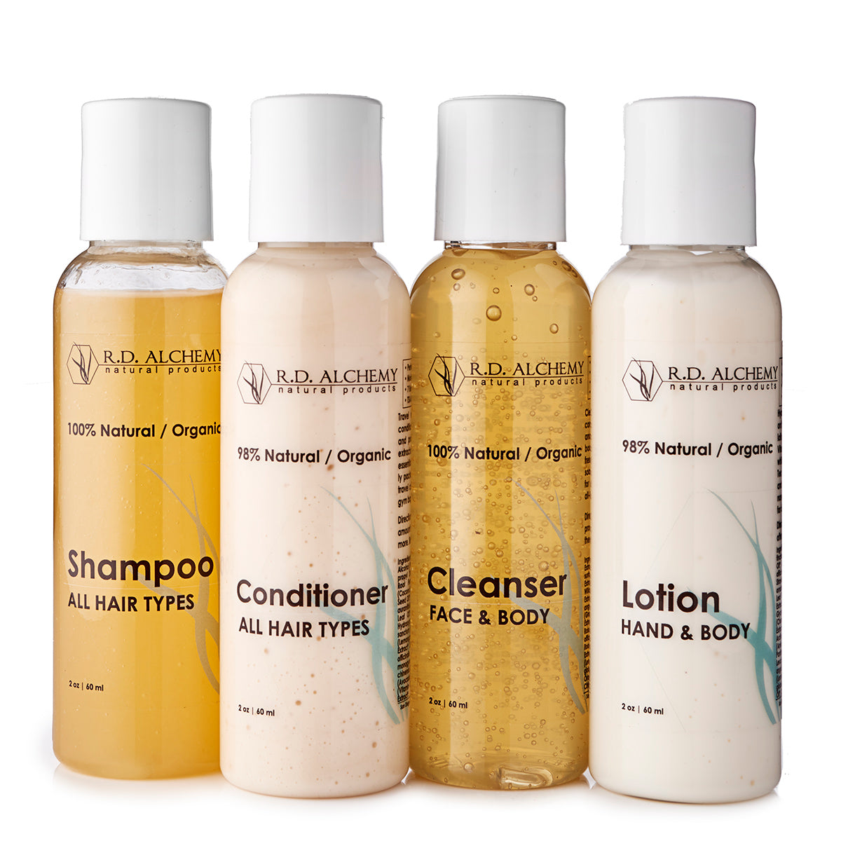 Travel Set featuring shampoo, conditioner, cleanser, and lotion in compact, TSA-approved containers.