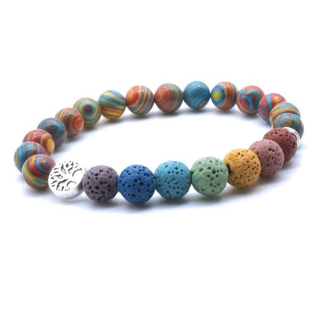 Tree of Life Seven Chakra Lava Stone Bracelet with colorful beads and natural lava stones, ideal for essential oil use.