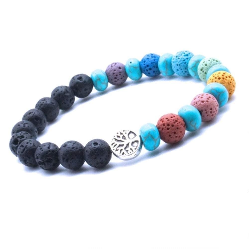 Tree of Life Seven Chakra and Turquoise Beads Lava Stone Bracelet showcasing colorful lava stones and turquoise beads, symbolizing balance and harmony.