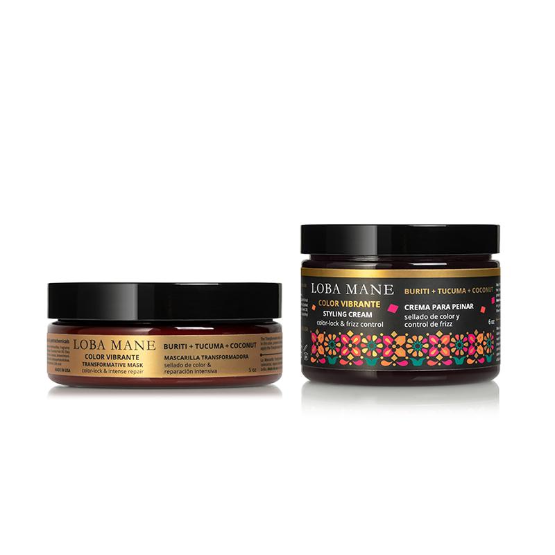 Treat & Style Duo featuring a transformative mask and a styling cream, designed for deep conditioning and styling hair.