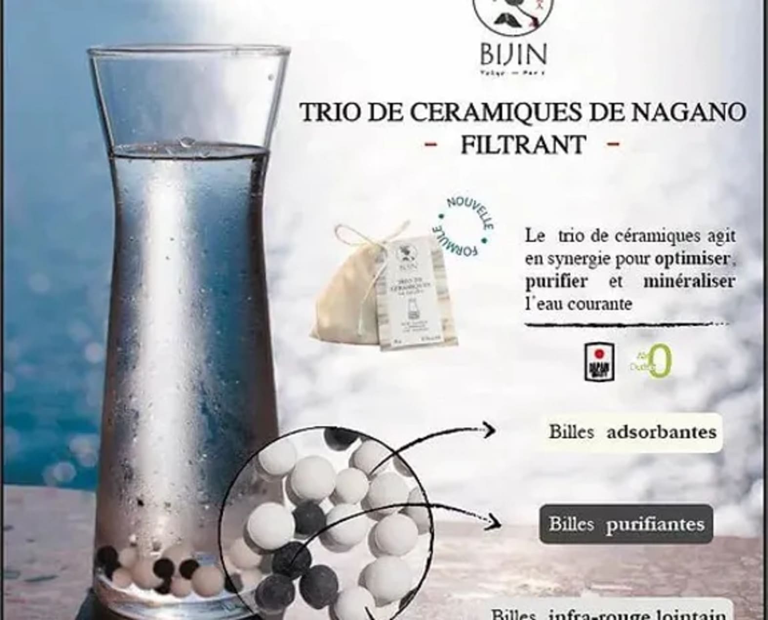 Trio de céramiques filtrantes de Nagano, trois billes céramiques pour la purification de l'eau, présentées sur un fond neutre.