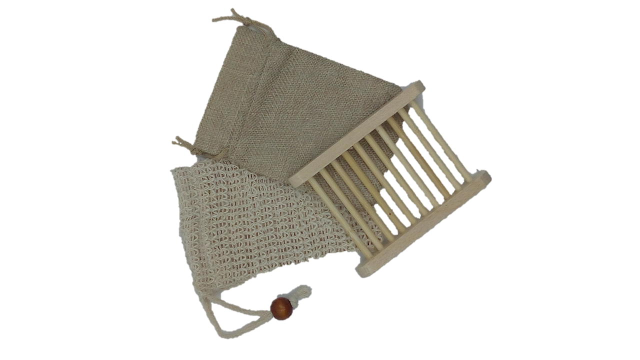 Trio pack of natural accessories including hemp and sisal soap saviors and a bamboo soap holder, showcasing eco-friendly design.