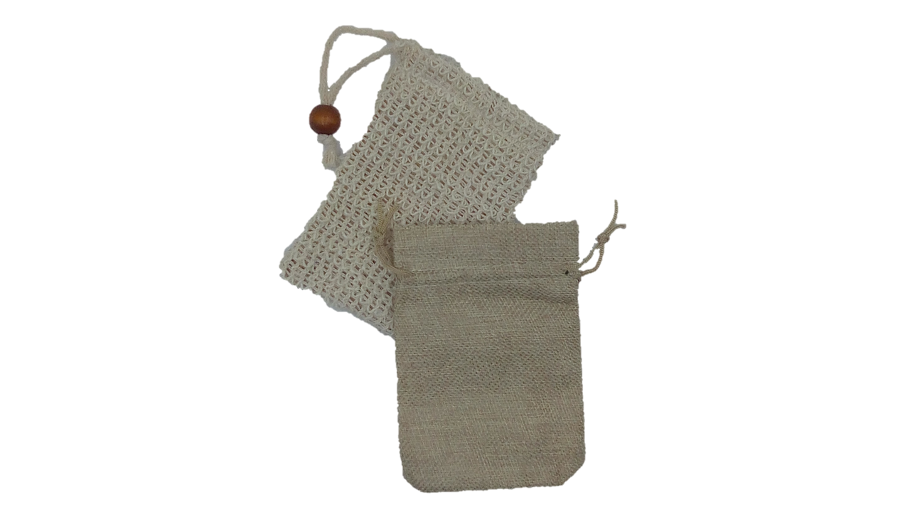 Trio pack of natural accessories including hemp and sisal soap saviors and a bamboo soap holder, showcasing eco-friendly design.