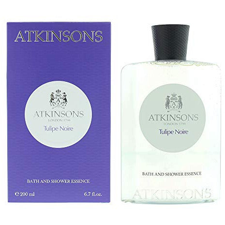 Atkinsons Tulipe Noire Shower Gel in an elegant bottle with floral design.