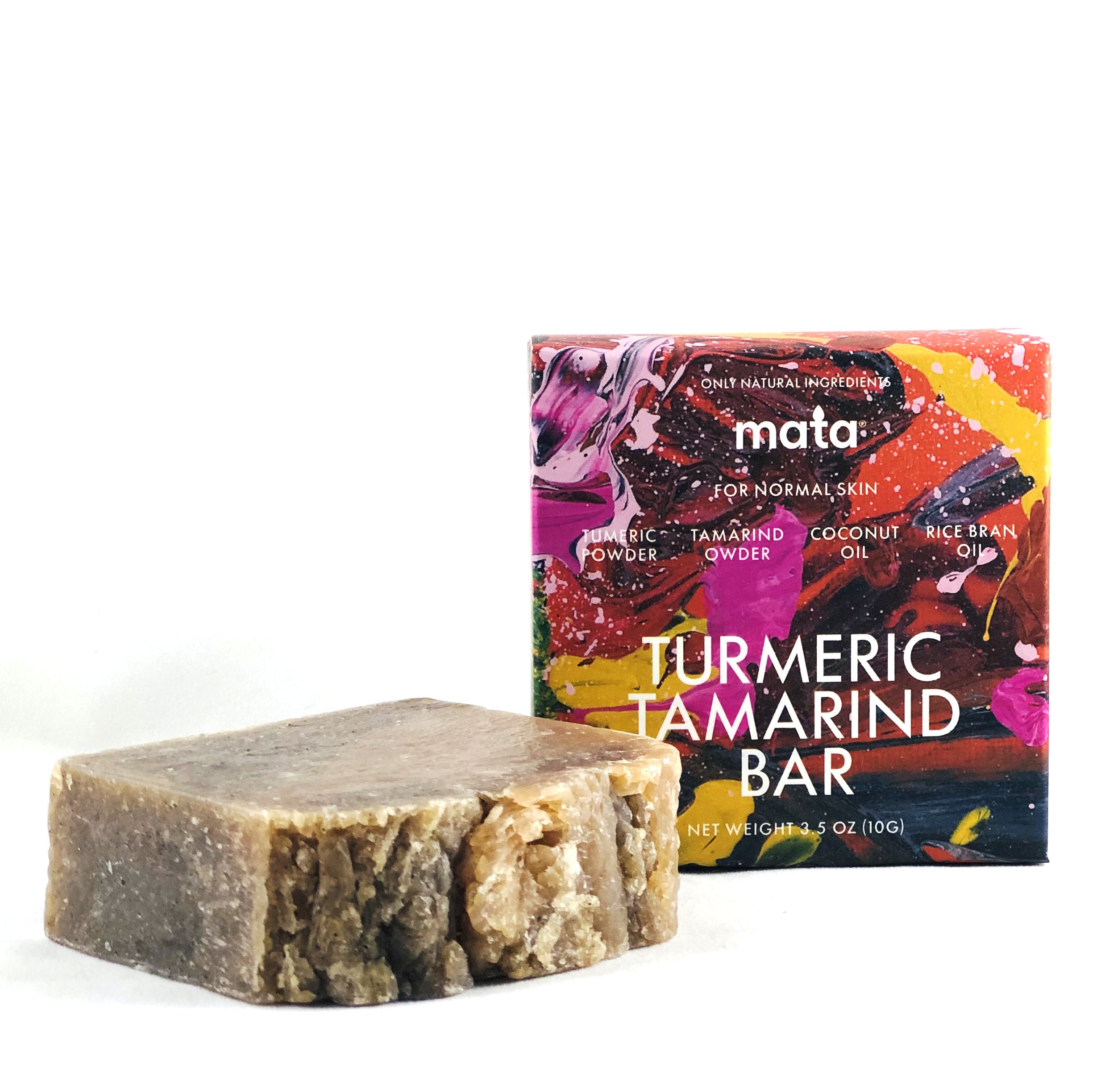 Turmeric Tamarind Soap bar with vibrant packaging featuring Thai art, showcasing its natural ingredients and luxurious texture.