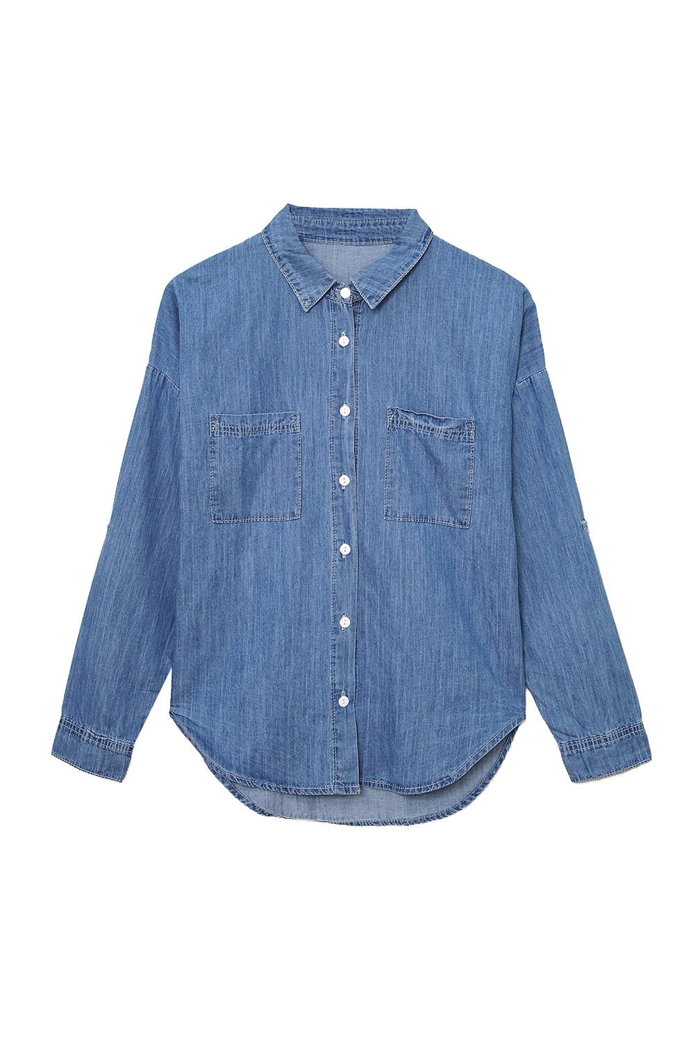 A stylish Turn Down Collar Buttoned Long Sleeve Denim Shirt featuring a classic boyfriend style, button closure, and front pocket.