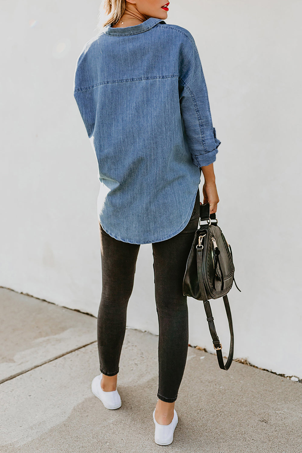 A stylish Turn Down Collar Buttoned Long Sleeve Denim Shirt featuring a classic boyfriend style, button closure, and front pocket.