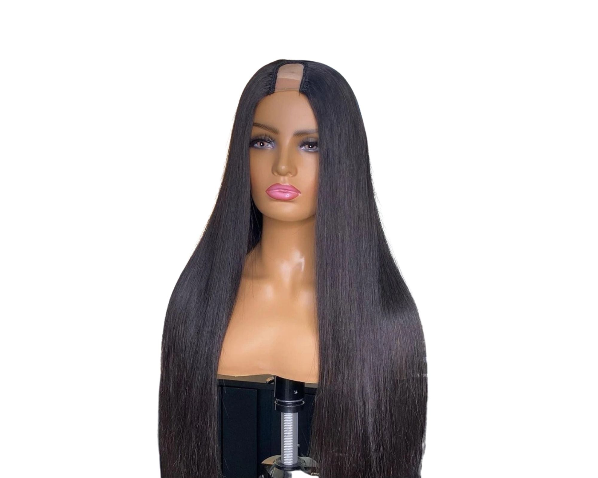 U Part Wig Straight Hair in natural black, showcasing long Brazilian Remy hair with a sleek texture, perfect for black women.