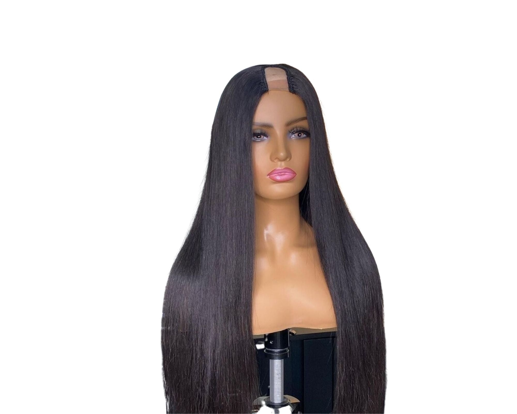 U Part Wig Straight Hair in natural black, showcasing long Brazilian Remy hair with a sleek texture, perfect for black women.