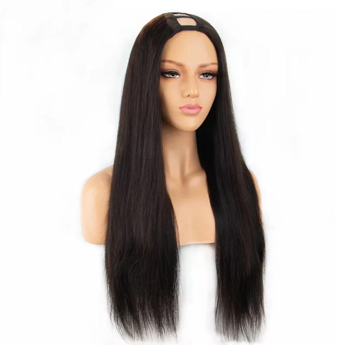 U Part Wig Straight Hair in natural black, showcasing long Brazilian Remy hair with a sleek texture, perfect for black women.