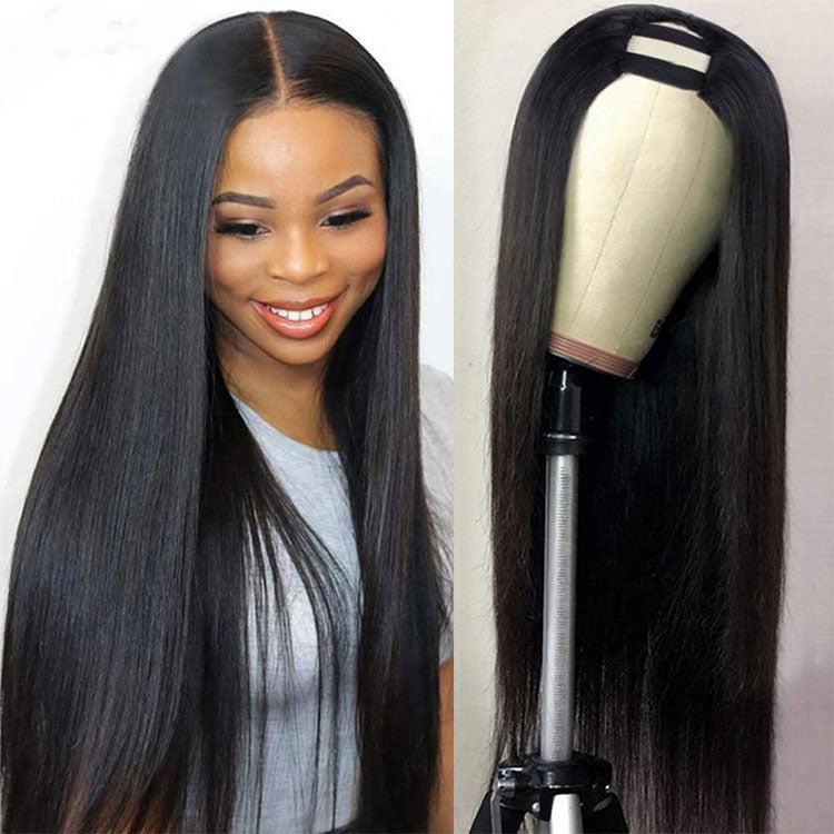 U Part Wig Straight Hair in natural black, showcasing long Brazilian Remy hair with a sleek texture, perfect for black women.