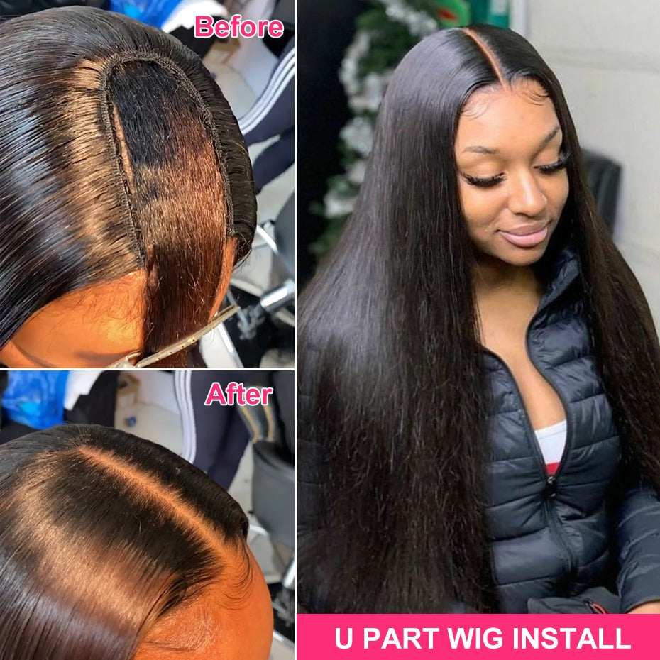 U Part Wig Straight Hair in natural black, showcasing long Brazilian Remy hair with a sleek texture, perfect for black women.