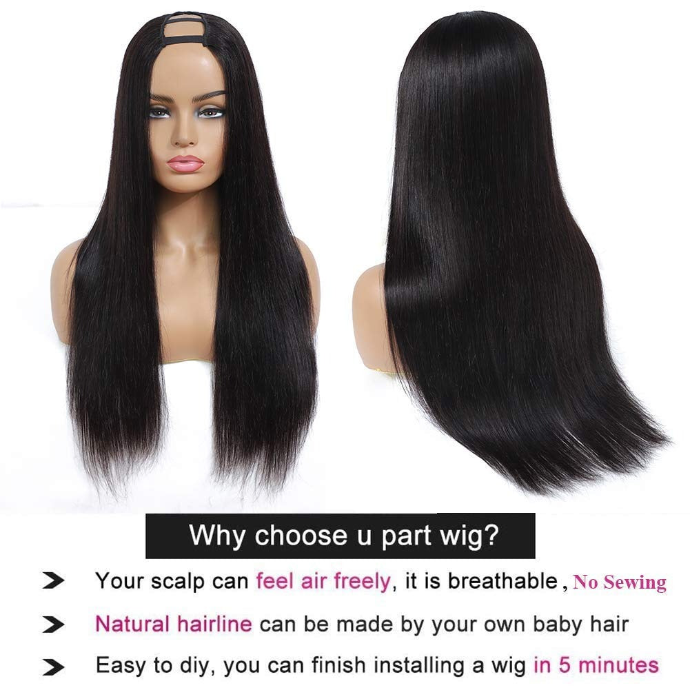 U Part Wig Straight Hair in natural black, showcasing long Brazilian Remy hair with a sleek texture, perfect for black women.