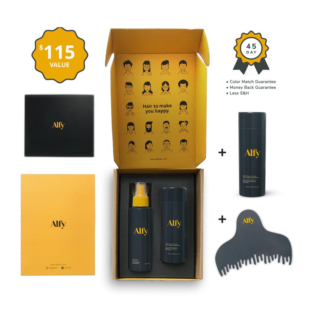 Ultimate Value Kit featuring Hair Building Fibers, Fiber Lock Spray, and Hairline Optimizer for enhanced hair volume.