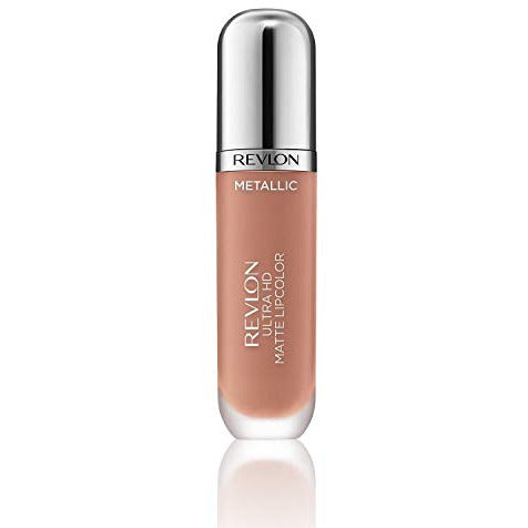 Revlon Ultra HD Metallic Matte Lip Color - 715 Glow showcasing a vibrant metallic finish in a sleek tube.