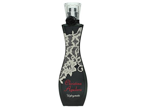 A stylish bottle of Christina Aguilera Unforgettable Eau de Parfum with elegant design and floral accents.