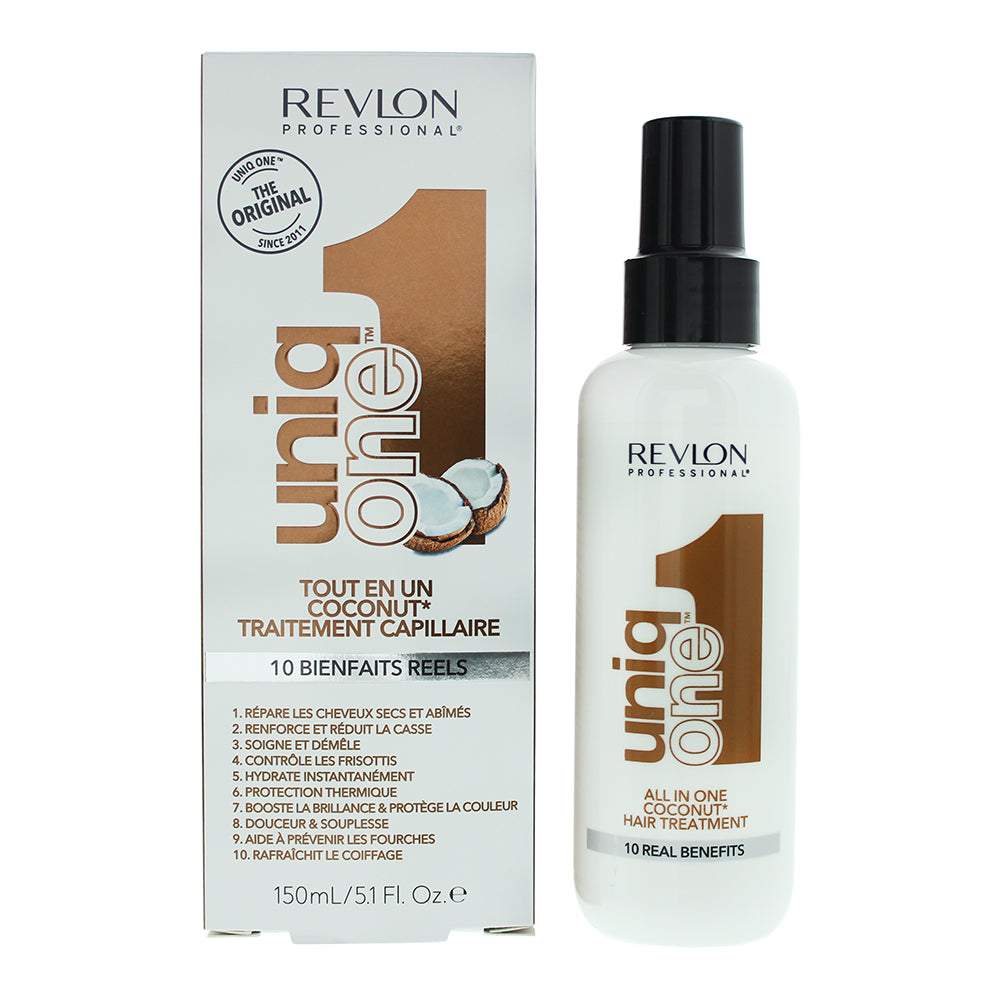 Revlon Uniq One All In One Coconut Hair Treatment bottle with a tropical coconut design, showcasing its nourishing properties.