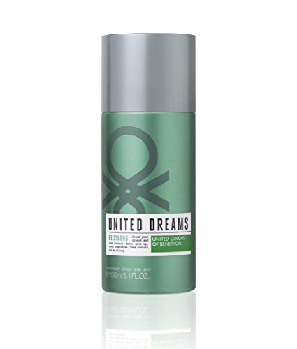 United Dreams Men Be Strong Deodorant Spray canister with a sleek design, showcasing its masculine branding.