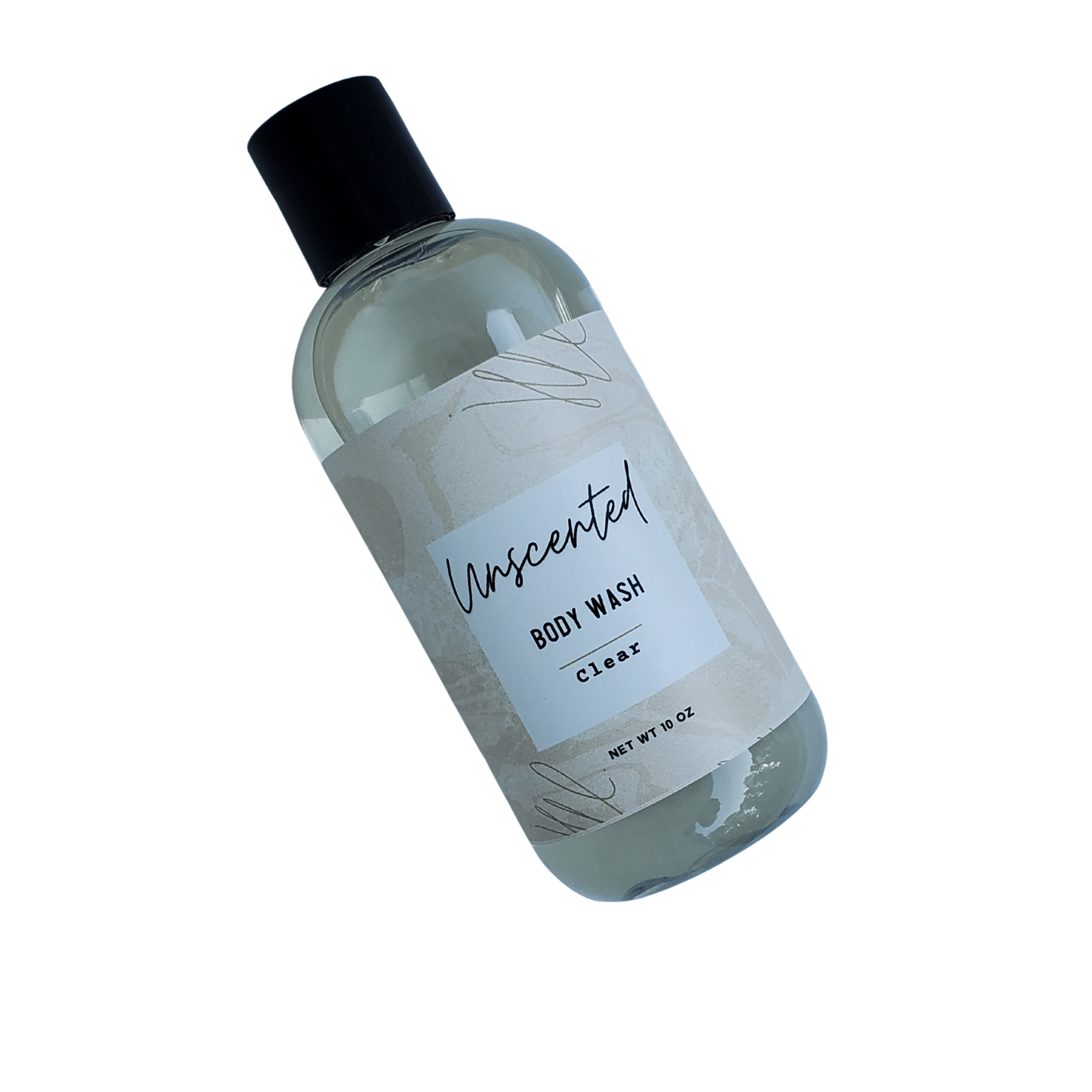 A bottle of unscented body wash/shower gel, showcasing its clear liquid and simple packaging, ideal for sensitive skin.