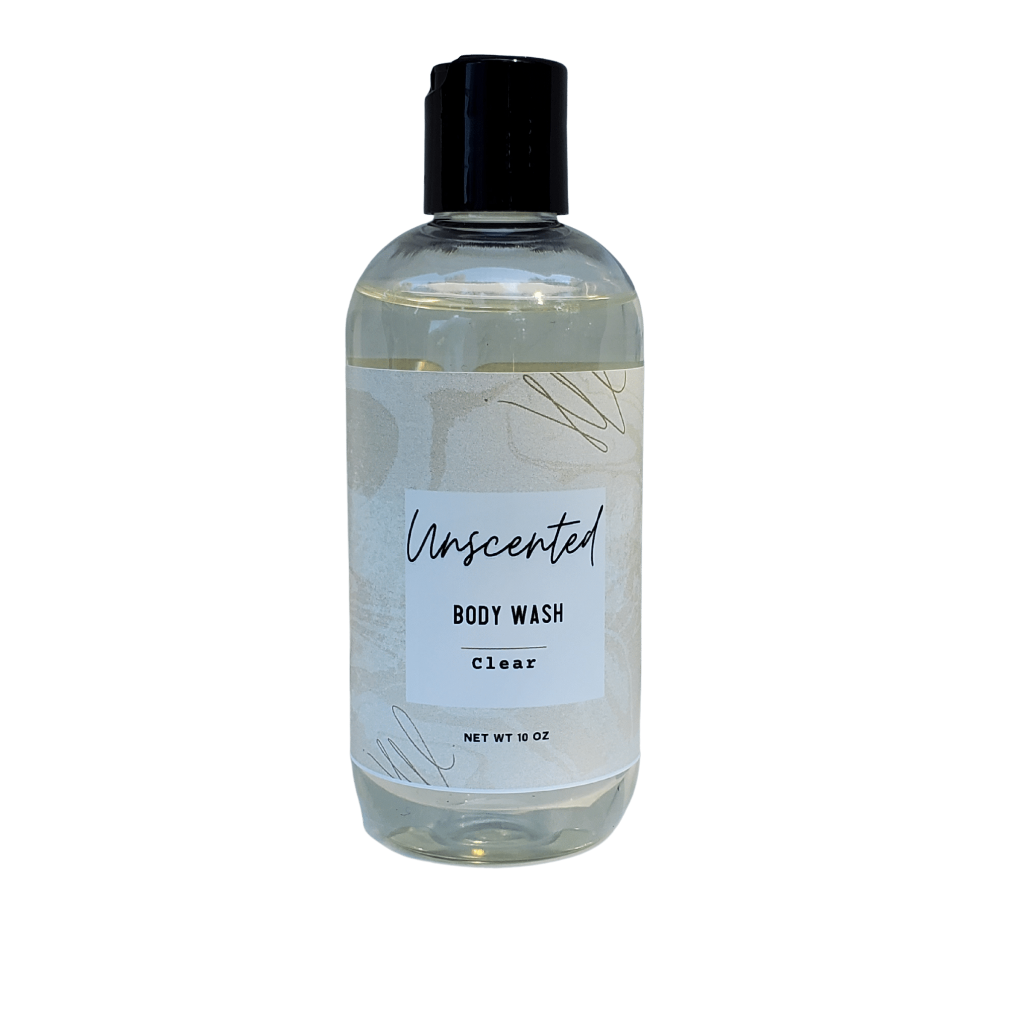 A bottle of unscented body wash/shower gel, showcasing its clear liquid and simple packaging, ideal for sensitive skin.