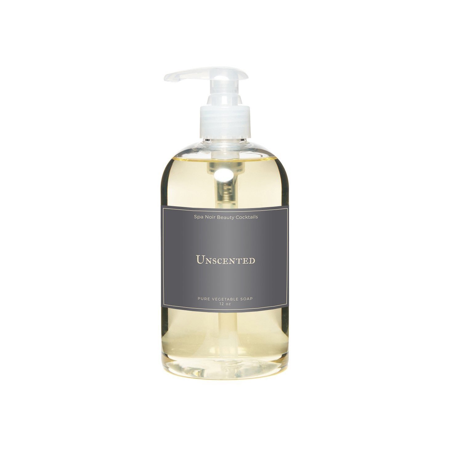 A bottle of unscented hand soap with a minimalist design, showcasing its vegan and moisture-rich formula, perfect for various uses.