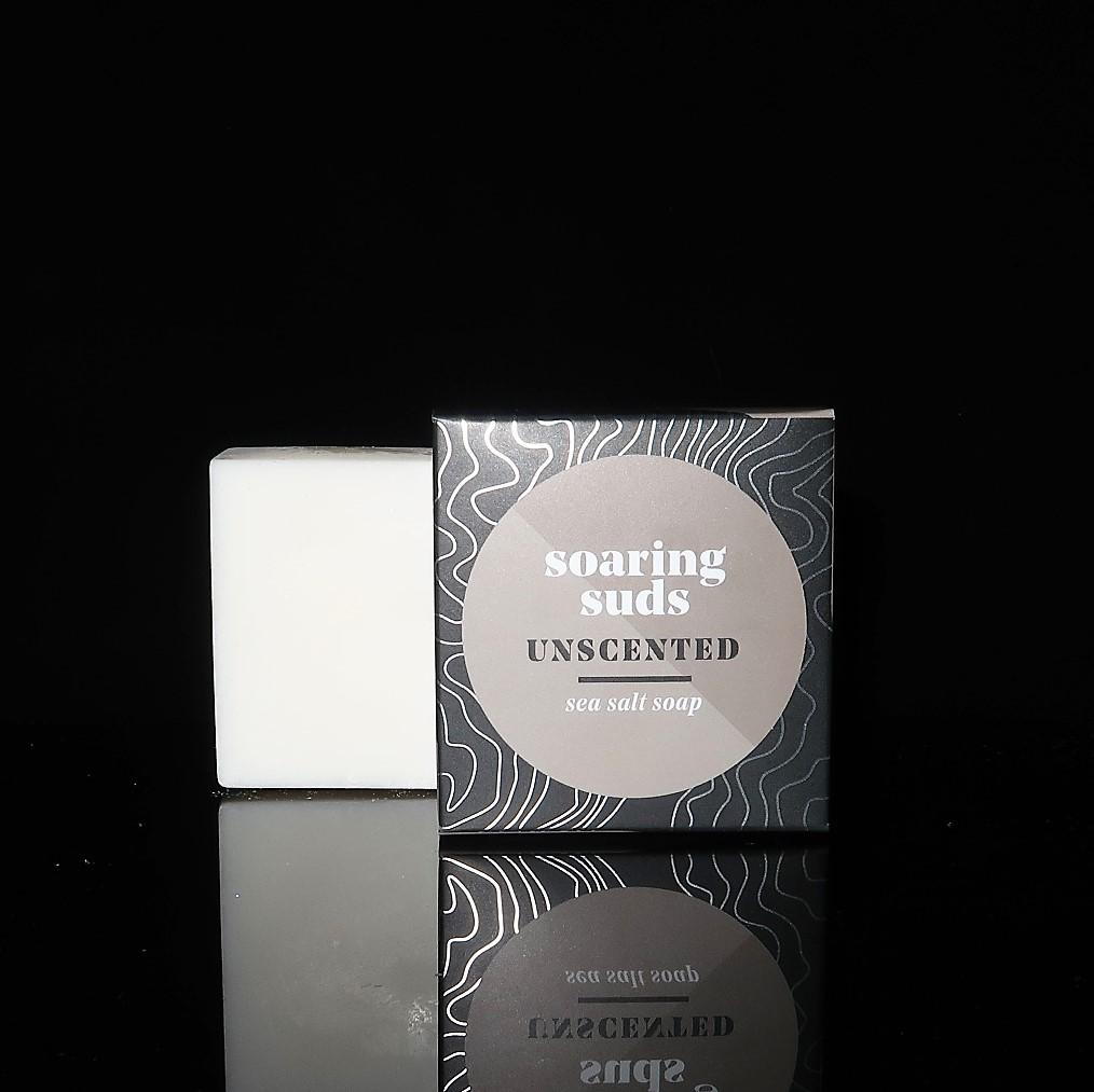 Unscented Sea Salt Spa Bar made with coconut oil and sea salt, showcasing its smooth texture and natural ingredients.