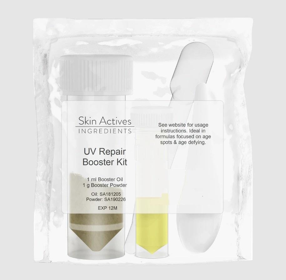 UV Repair Booster Kit featuring oils and powders for enhanced skincare benefits.