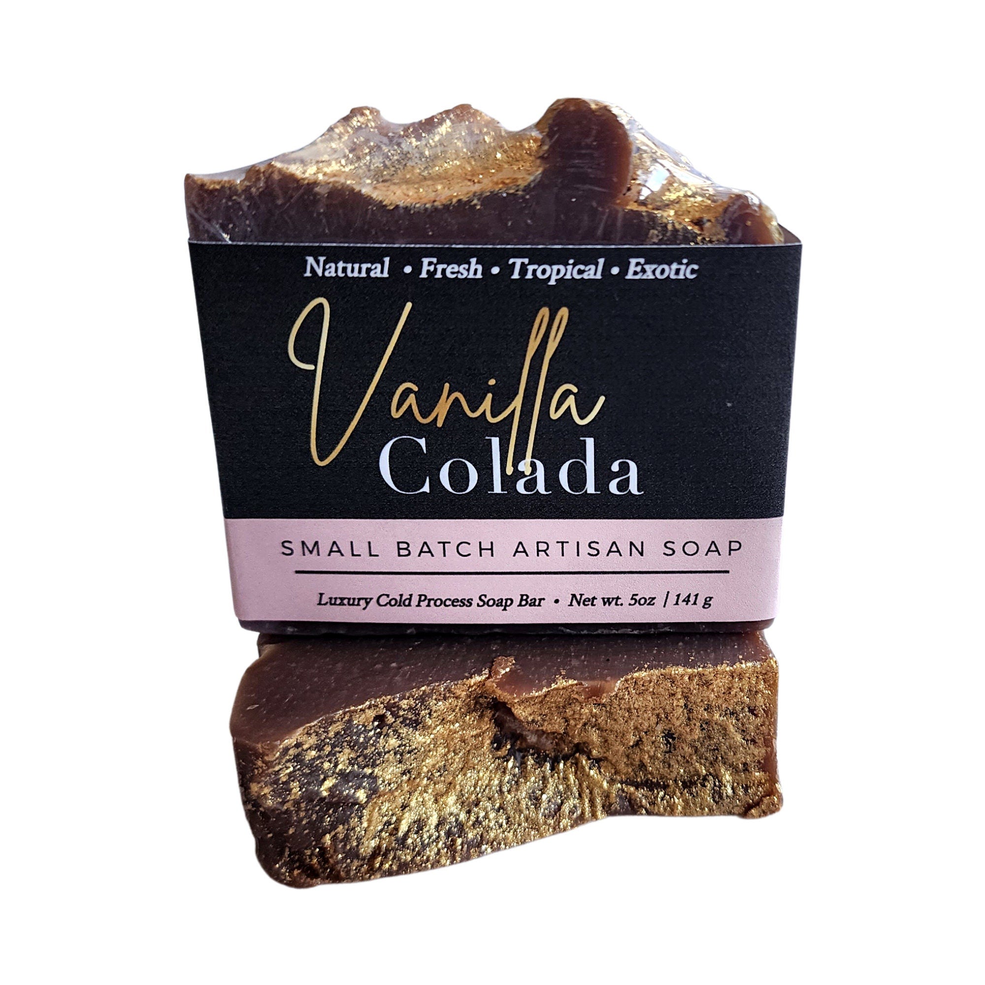 Vanilla Colada Handmade Soap bar with tropical design, showcasing rich brown color and golden tones.