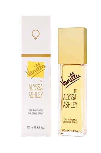 Alyssa Ashley Vanilla Eau de Cologne bottle with a sleek design, showcasing its elegant label and warm vanilla color.