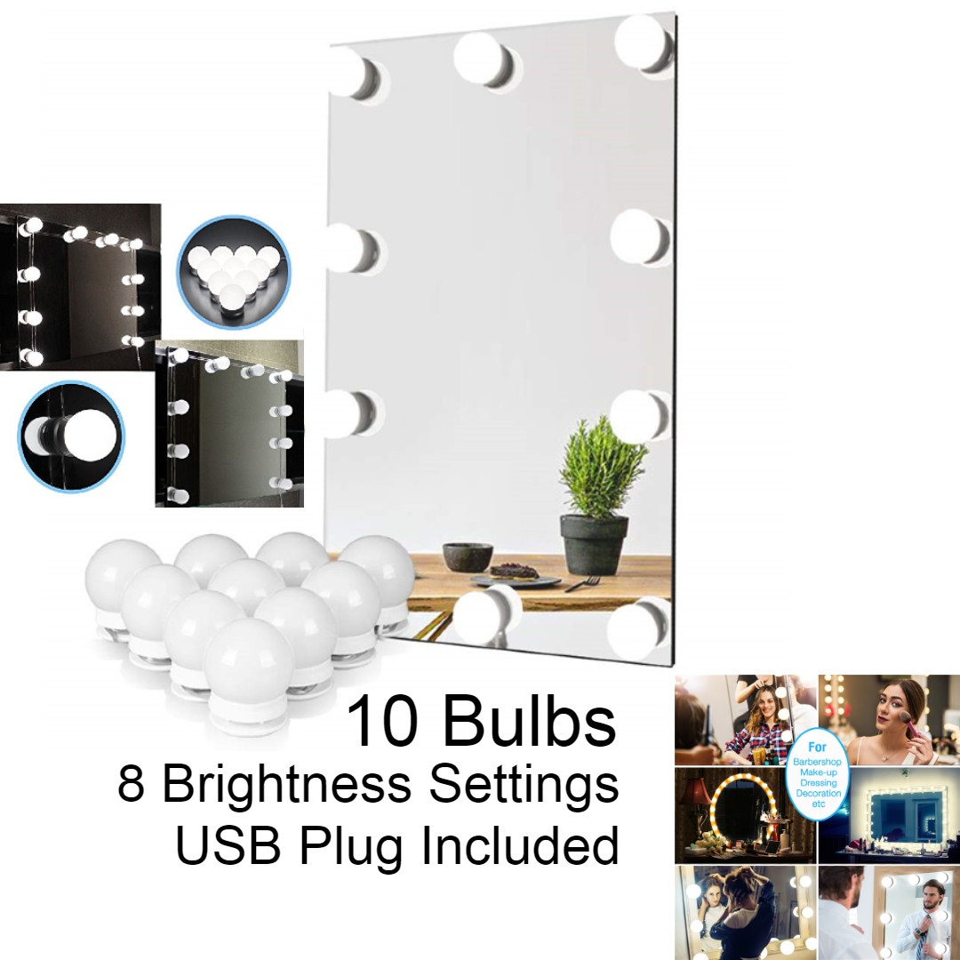 Vanity mirror with LED lights featuring 10 bulbs, showcasing bright illumination and stylish design.