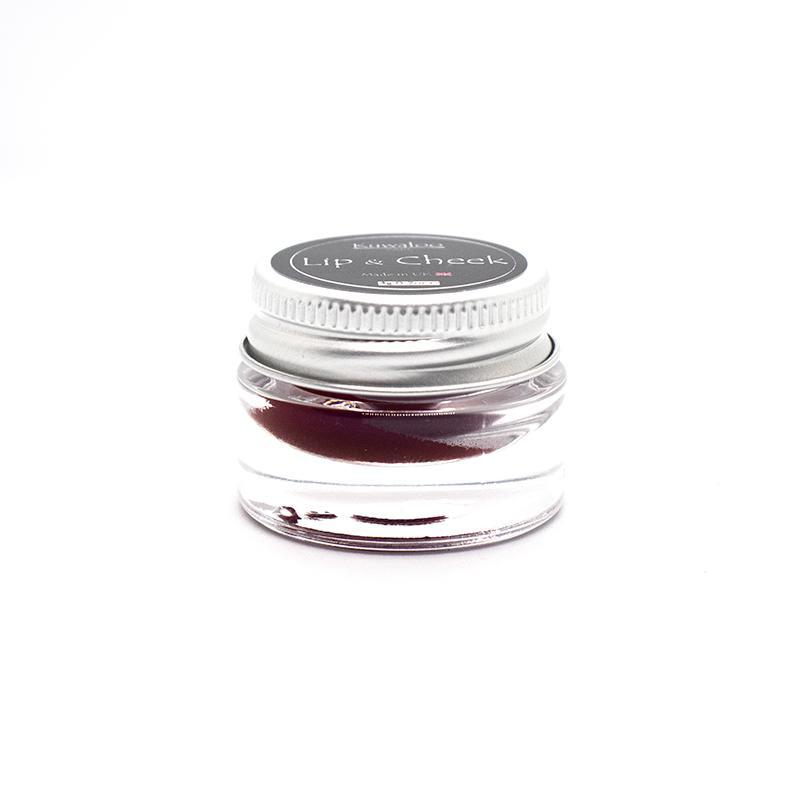 Vegan Mineral Makeup Lip and Cheek Balm by PLUM in a glass jar with an aluminum lid, showcasing its natural ingredients and handmade quality.