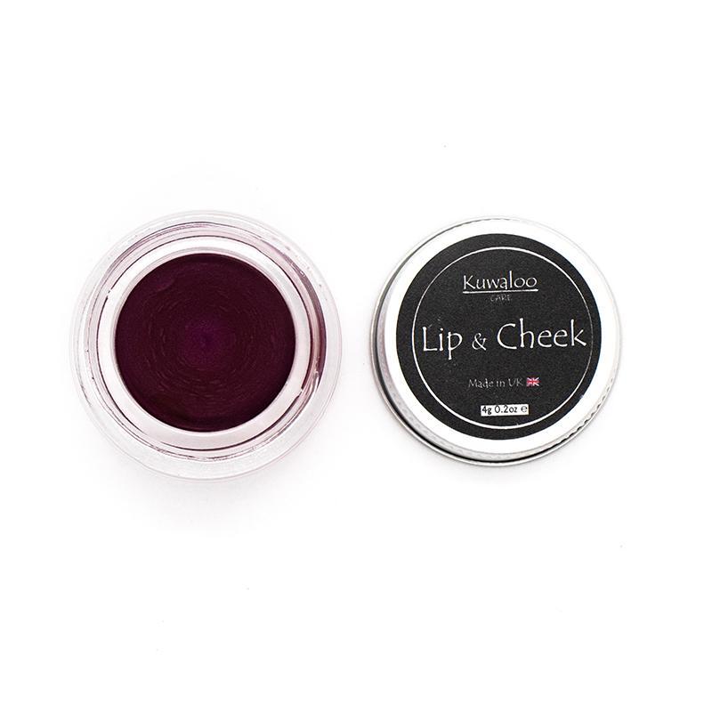 Vegan Mineral Makeup Lip and Cheek Balm by PLUM in a glass jar with an aluminum lid, showcasing its natural ingredients and handmade quality.