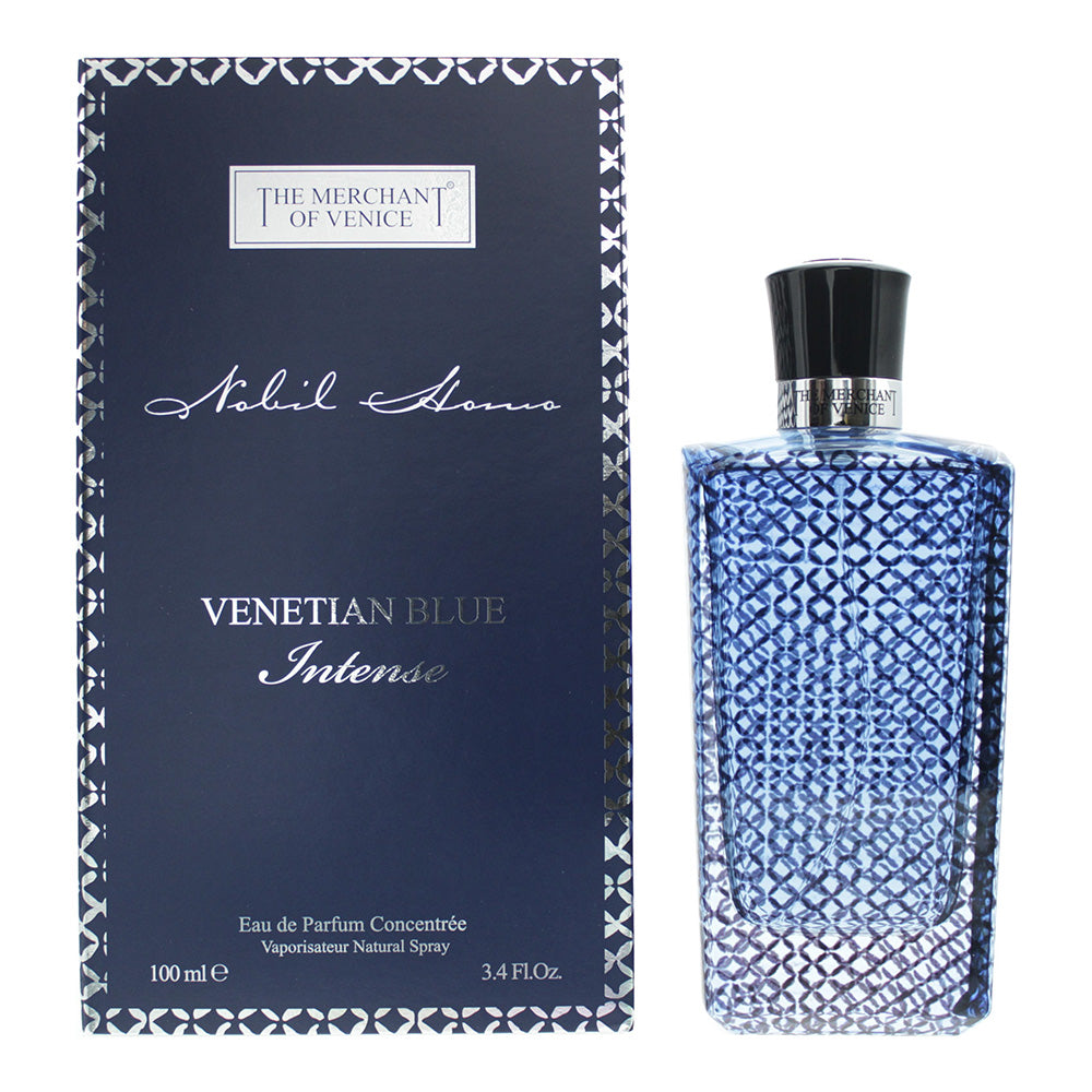 A luxurious bottle of Venetian Blue Intense Eau de Parfum by The Merchant of Venice, featuring an elegant design and rich blue color.