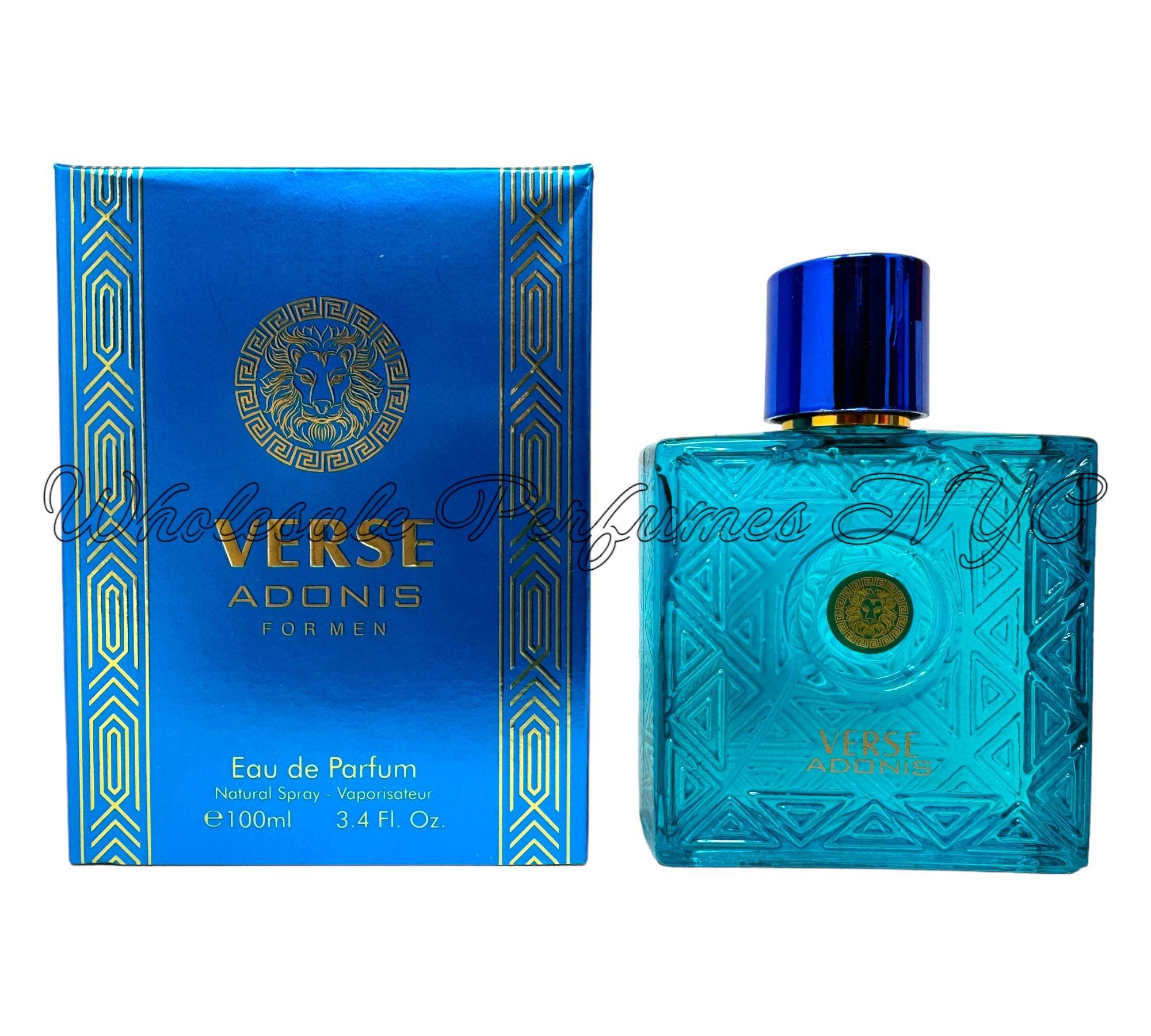 A stylish 3.4oz bottle of Verse Adonis Blue for Men Eau de Parfum, showcasing its modern design and urban-inspired essence.