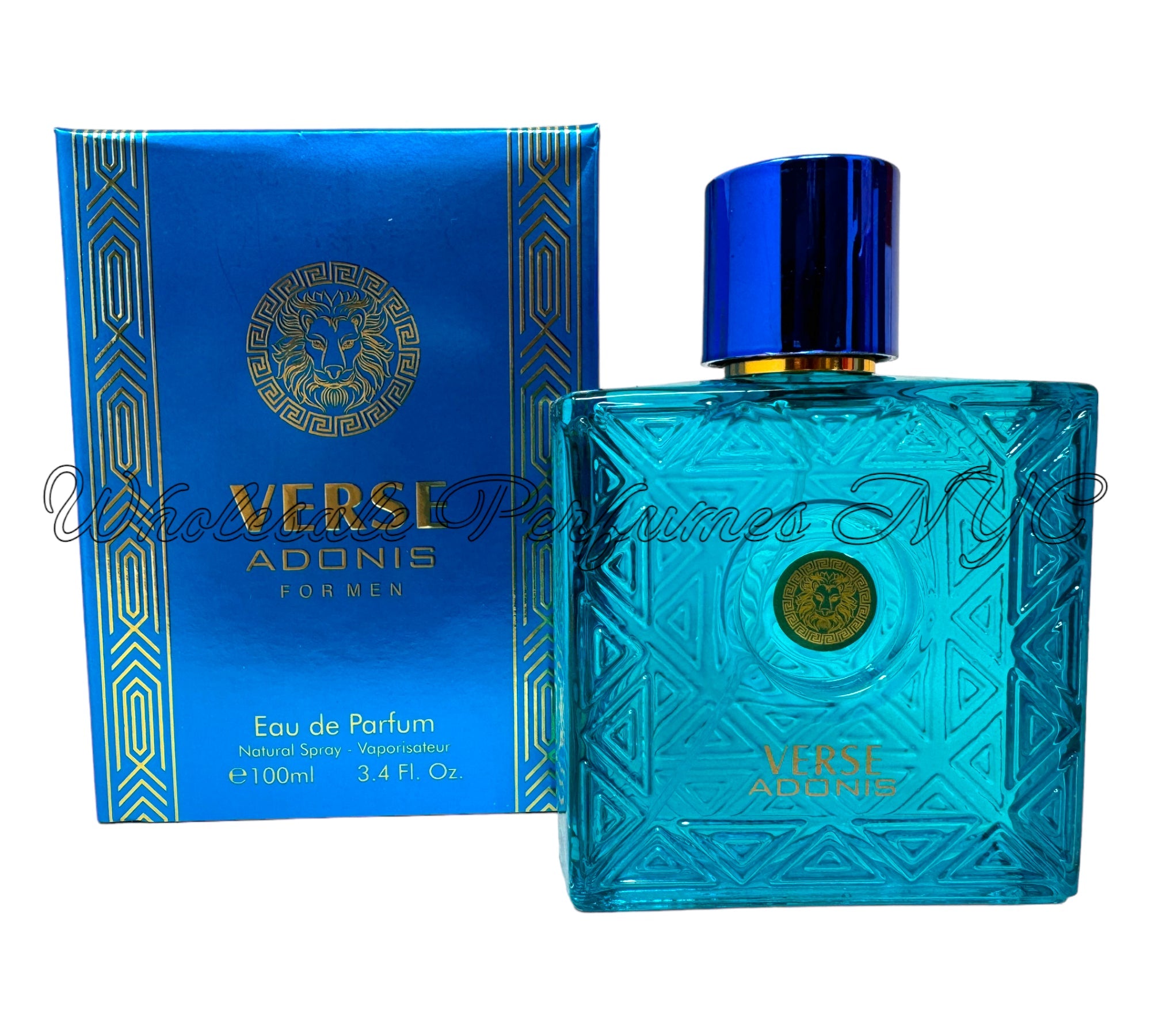 A stylish 3.4oz bottle of Verse Adonis Blue for Men Eau de Parfum, showcasing its modern design and urban-inspired essence.