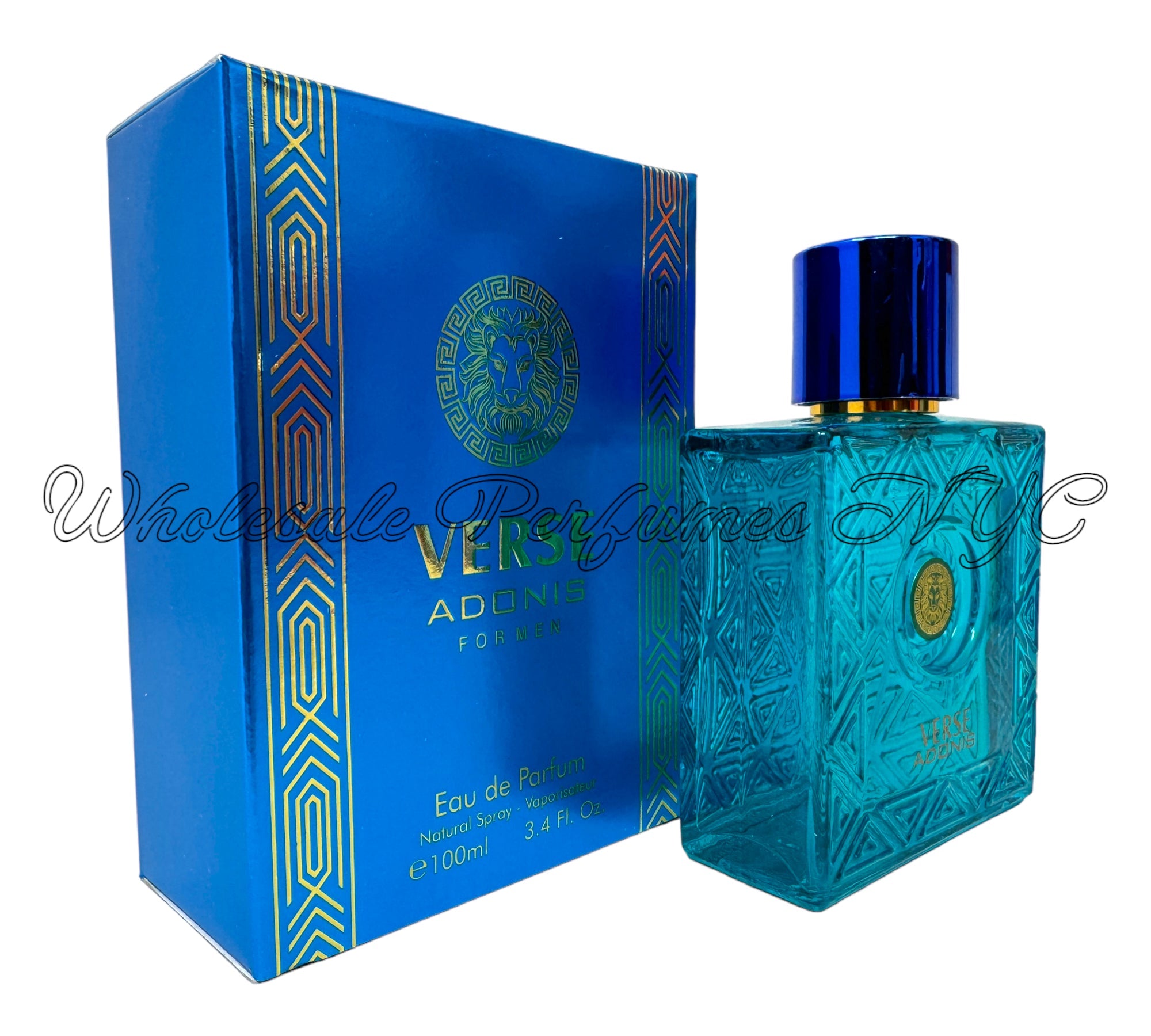 A stylish 3.4oz bottle of Verse Adonis Blue for Men Eau de Parfum, showcasing its modern design and urban-inspired essence.