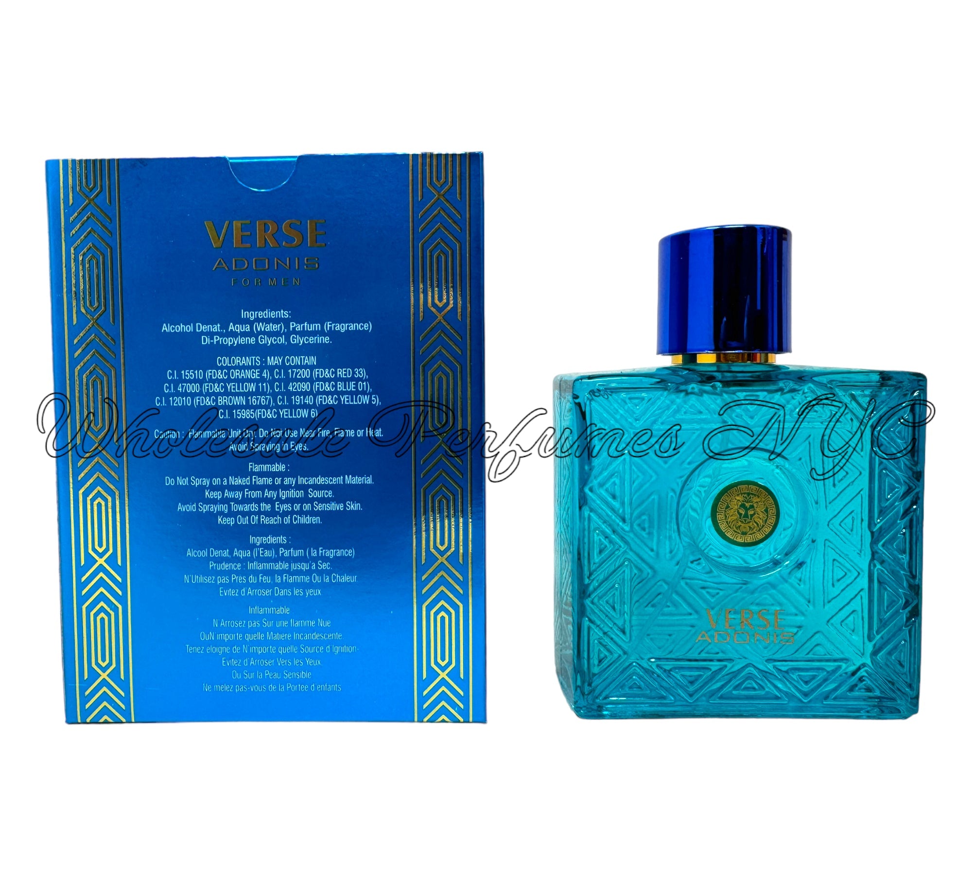 A stylish 3.4oz bottle of Verse Adonis Blue for Men Eau de Parfum, showcasing its modern design and urban-inspired essence.