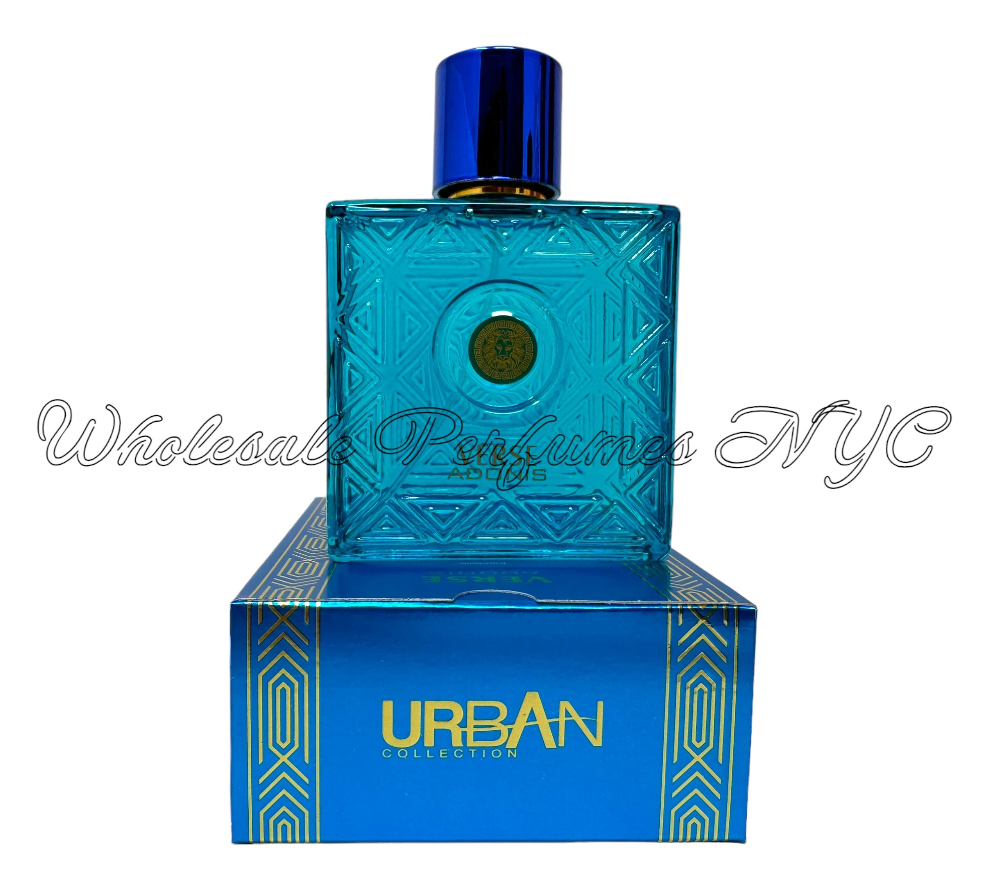 A stylish 3.4oz bottle of Verse Adonis Blue for Men Eau de Parfum, showcasing its modern design and urban-inspired essence.