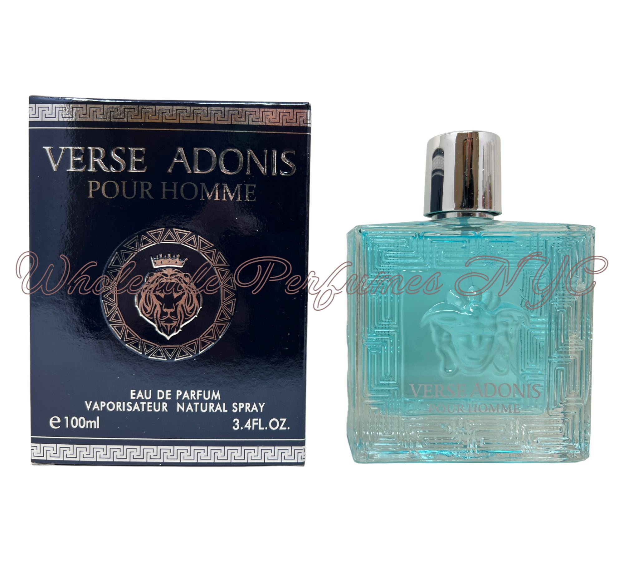 A 3.4oz bottle of Verse Adonis Pour Homme Eau de Parfum for men, elegantly designed with a sophisticated label.