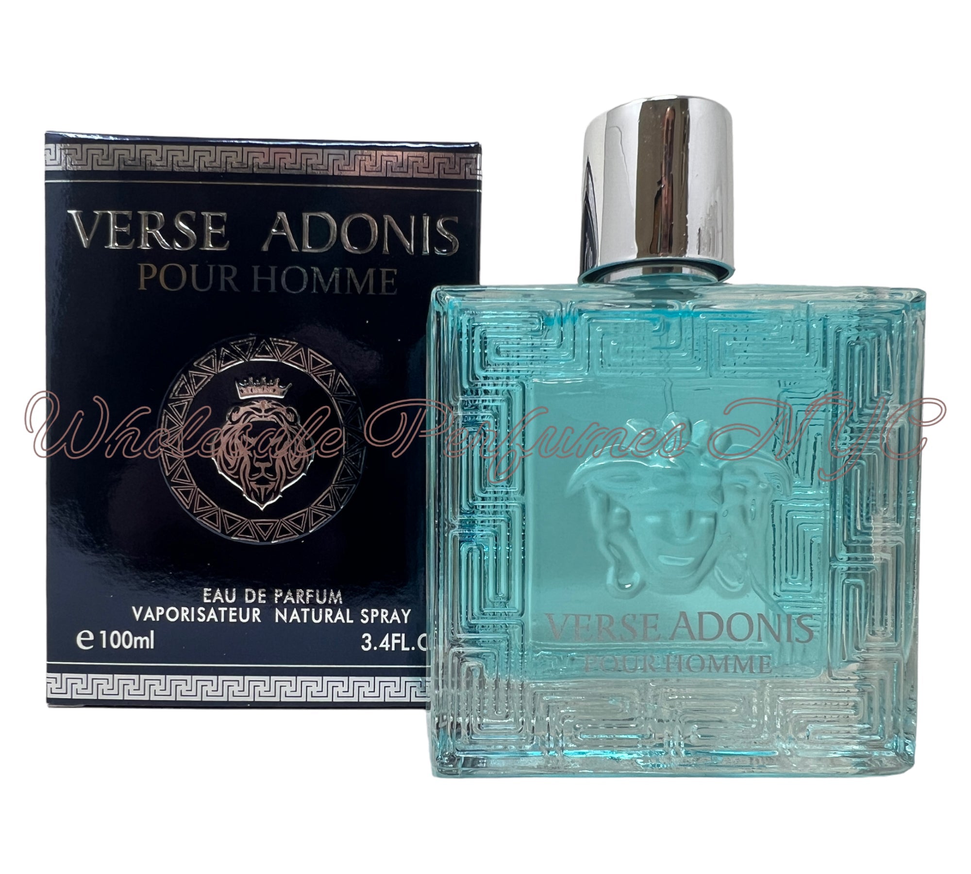 A 3.4oz bottle of Verse Adonis Pour Homme Eau de Parfum for men, elegantly designed with a sophisticated label.