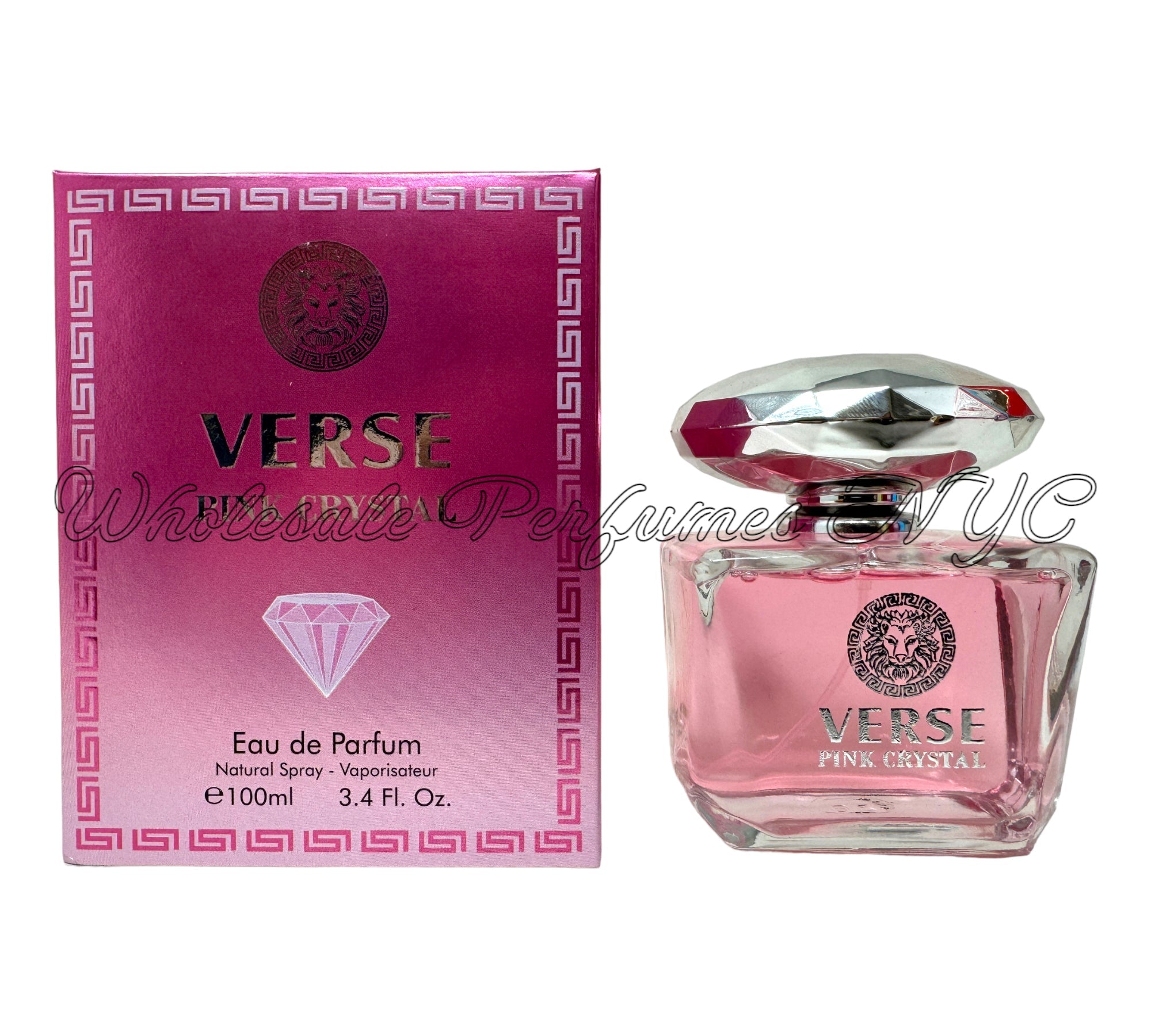 A stylish 3.4oz bottle of Verse Pink Crystal Eau de Parfum for Women, featuring a sleek design and elegant pink hues.